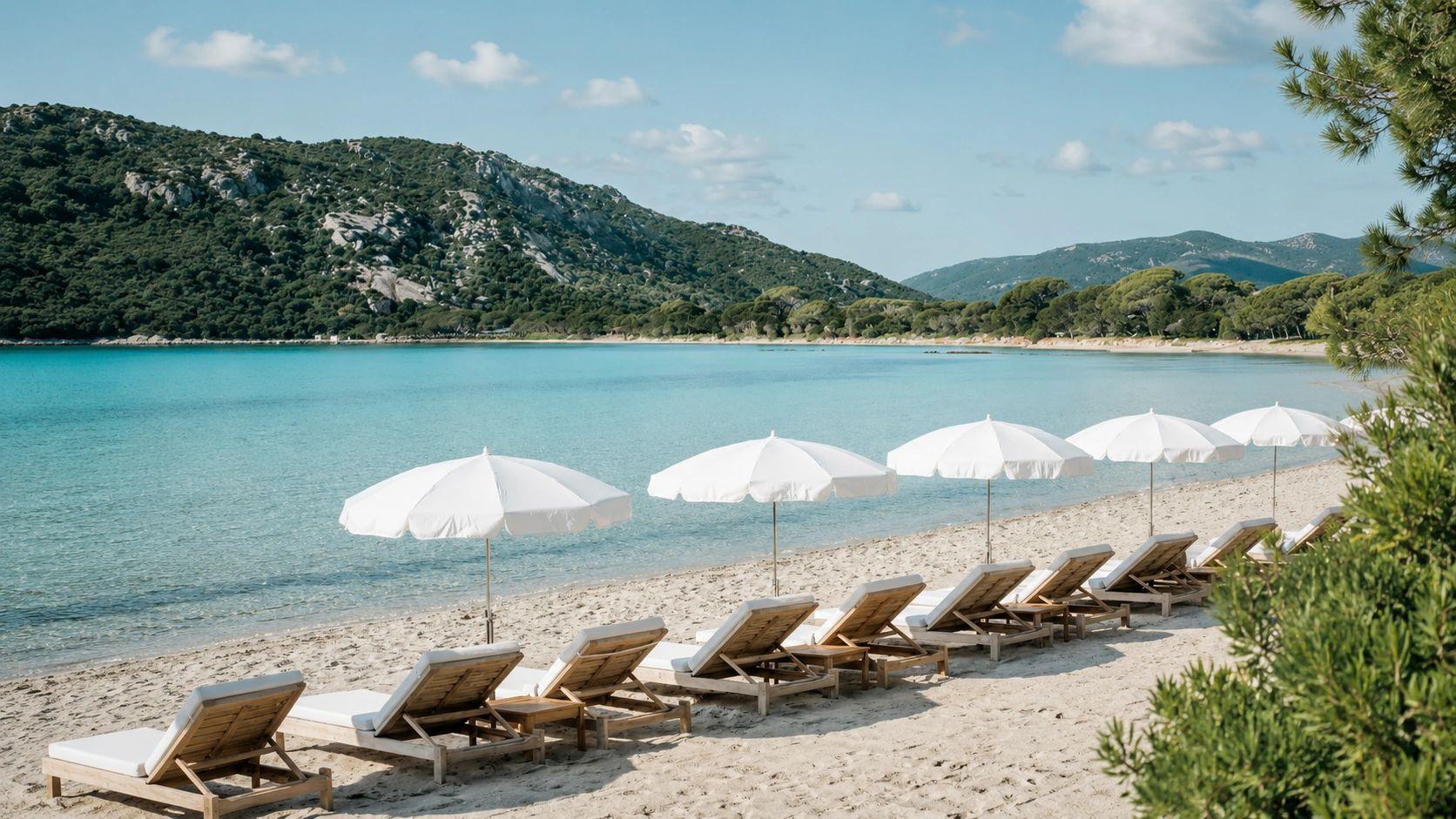 Restaurant de plage à Santa Giulia avec transats et parasols blancs face à la mer turquoise